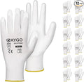 KAYGO Work Gloves for Men and Women, 12 Pairs Seamless Knit PU Coated Safety Gloves, with Smooth Grip on Palm and Fingers, Ideal for Light Warehouse, Manufacturing, Gardening, KG11P (L, White)