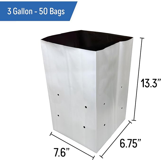A.A 3 Gallon Grow Bags Black and White Poly Nursery Bags for Plants, Tree Grow, Greenhouse (50 Pack)