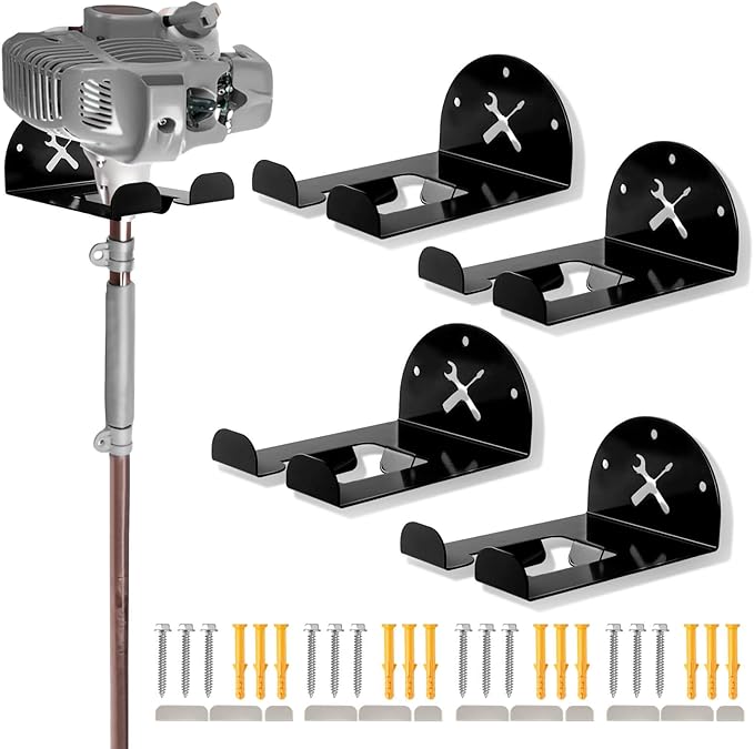 Upgraded Trimmer Rack Wall Mount - 8" Heavy Duty Weed Eater Hanger for Garage Wall, Garden Power Tool Holder Organizer Hooks for Grass Trimmer, Hedge Trimmer, Leaf Blower and Chainsaw, Black, 4 Pack