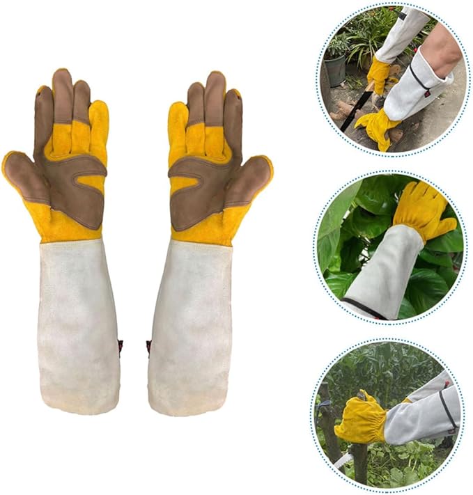 Puncture-proof Leather Garden Gloves for Planting and Pruning, Extended Length 11.5cm, Cowhide Material, Thorn-resistant Labour Protection Gloves for Outdoor Gardening