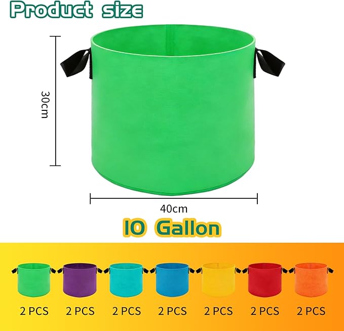 14 Pack Plant Grow Bags - Mixed 7 Colors with Reinforced Handles, Ideal for Garden and Outdoor Planting Potato Tomato Flower and Vegetables (10, Gallons)