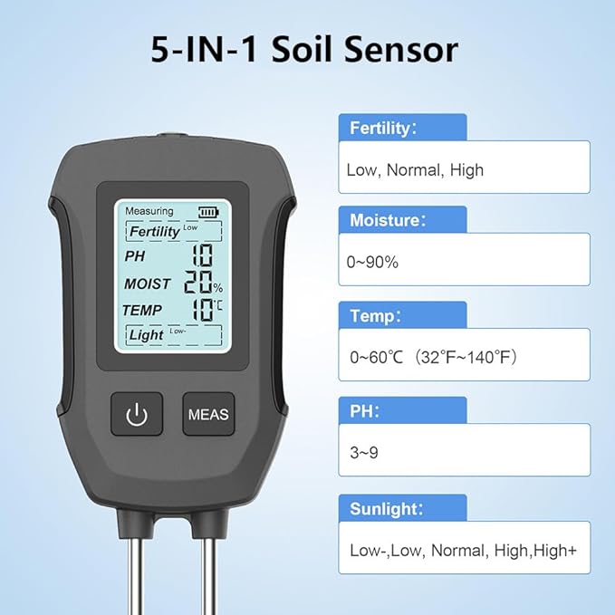 5 in 1 Soil Tester,Ph/Moisture/Temperature/Efficiency/Light Intensity Function,Dual Probe,Lcd Display,Digital Plant Soil Moisturemeter for Gardens,Farms,Outdoor Plants