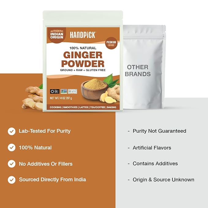 HANDPICK Ginger Powder (14oz/397g) No Additives, No Preservatives, No Fillers | Ginger Root Powder from India | Raw, Gluten Free, Non GMO | Perfect for Cooking, Baking | Resealable Zip Lock Pouch