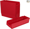 Akro-Mils 30138 Plastic Shelf Bins, Heavy Duty Storage Bins for Garage, Closet, and Drawer Organization, 18" x 6-1/2" x 4", Red, 12-Pack