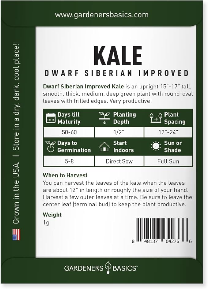 Gardeners Basics Kale Seeds for Planting, Heirloom, Non-GMO Vegetable Variety - Great for Indoor, Outdoor, and Hydroponics Gardening (Dwarf Siberian Improved)