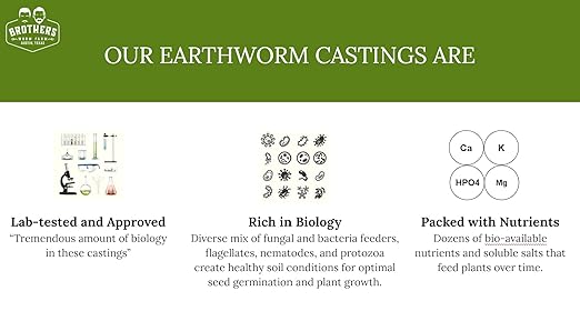 Brothers Worm Farm 10 Pounds Worm Castings (aka Worm Poop). Transform your indoor plants and gardens with a Lab-tested, Eco-friendly and All-natural Worm Fertilizer. Safe, Non-toxic, and High in Beneficials for Incredible Plant Growth and Soil Health. ...