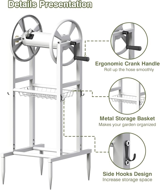 Freestanding Garden Hose Reel holds 125ft Hose of 5/8" with 4 Hooks, 4-Spike Outdoor Hose Holder with 3.9ft Leader Hose & Brass Fitting, Detachable Metal Hose Stand with Storage Rack, White