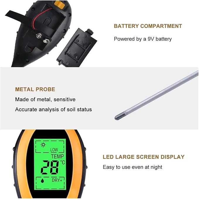 4 in 1 Soil PH Meter Moisture Monitor Temperature Sunlight Tester with Blacklight