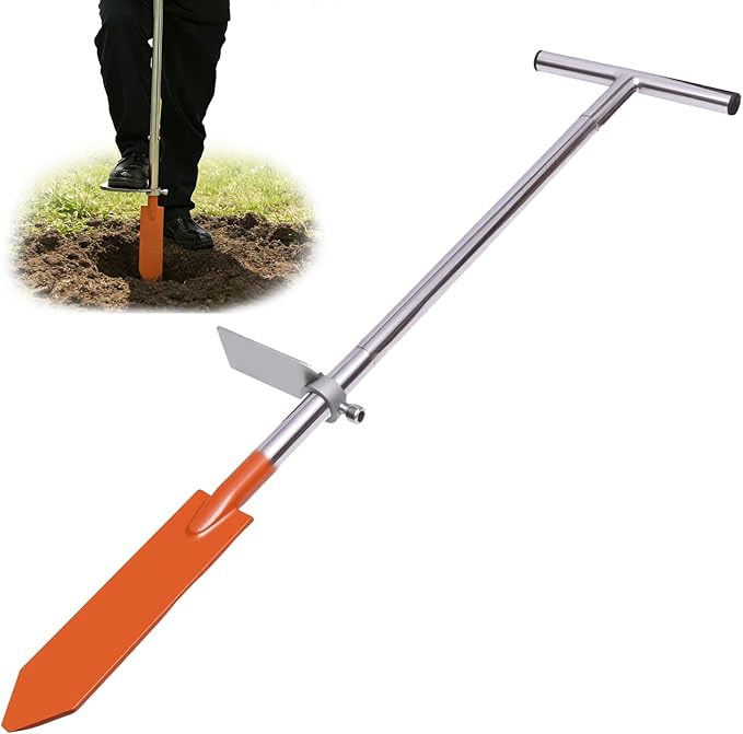 Dibble Bar Planting Tool with Foot Pedal, Sturdy Construction Tree Planting Bar with Stainless Steel Pole, T-Handle Dibbler Gardening Tool Digging Bar Long Triangle