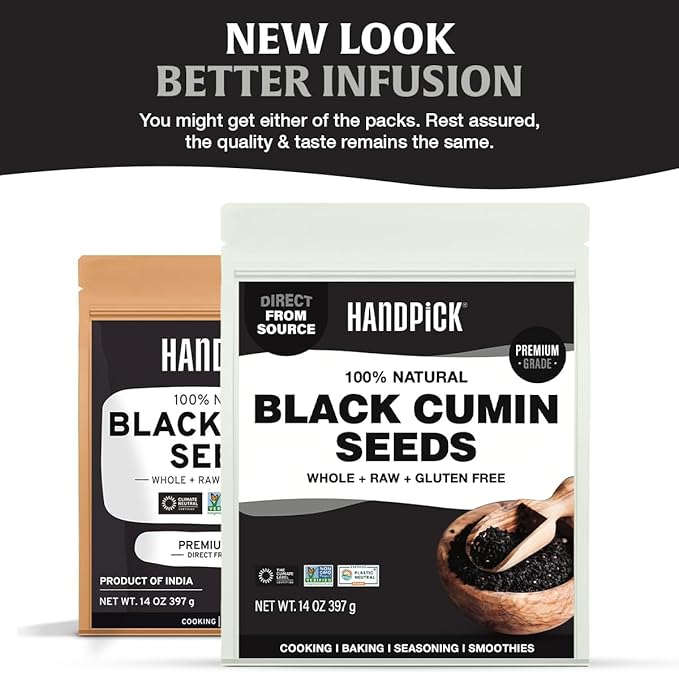 HANDPICK Black Cumin Seed (14oz) Pure Nigella Seeds - No Salt or Preservatives, Non GMO | Indian Black Whole Cumin | Gluten Free, Aromatic & Farm Fresh Kalonji | Resealable Zip Lock Pouch