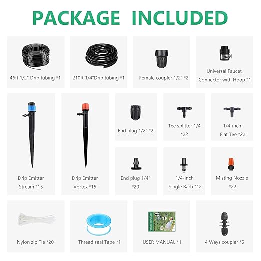 256FT Drip Irrigation System Kit, 163PCS Automatic Garden Watering Misting System with 1/4" Distribution & 1/2" Hose Tubing and Accessories for Greenhouse, Yard, Lawn, Plant