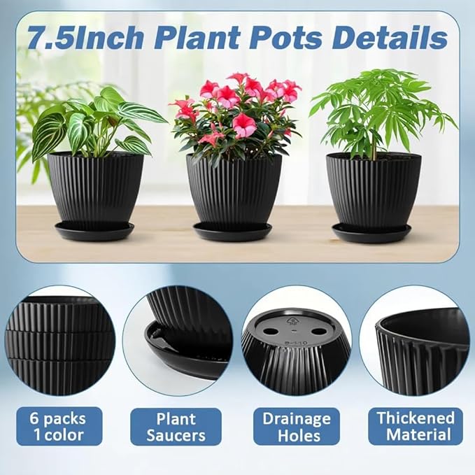 RooTrimmer 7.5 Inch Black Thickened Plastic Plant Pots with Saucers, 6-Pack Modern Seedling Planters for Indoor Outdoor Plants, Durable Heavy-Duty PP Material for Herbs Flowers Vegetables (＜8 inch)