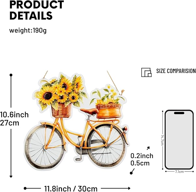 Quterhero Sunflower Bicycle Wall Decor, Metal Hanging Art for Home Porch or Indoor Outdoor Wall, Vintage Farmhouse Gift for Mom, Women, Friends(Bicycle)