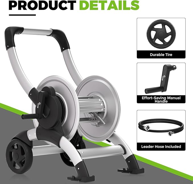 Upgrade Hose Reel Cart, Holds 200 Feet of 5/8" Hose, Hose Reel Cart With Effort-saving Hand Crank,2 Wheels,Heavy Duty Freestanding Water Hose Reels for Outside Garden Lawn Yard Outdoor