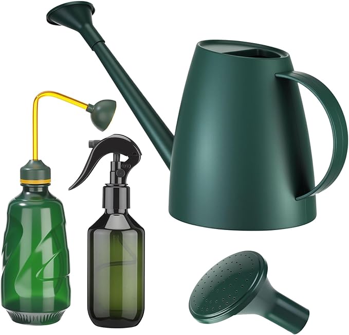 Reallnaive 6 Pcs Indoor Watering Can Set 1/2 Gallon Can 6.8 oz Spray Bottle 17 oz Squeeze Bottle Plant Watering Globes Soil Moisture Meter Small Spraying Sets for Indoor Outdoor(Dark Green)
