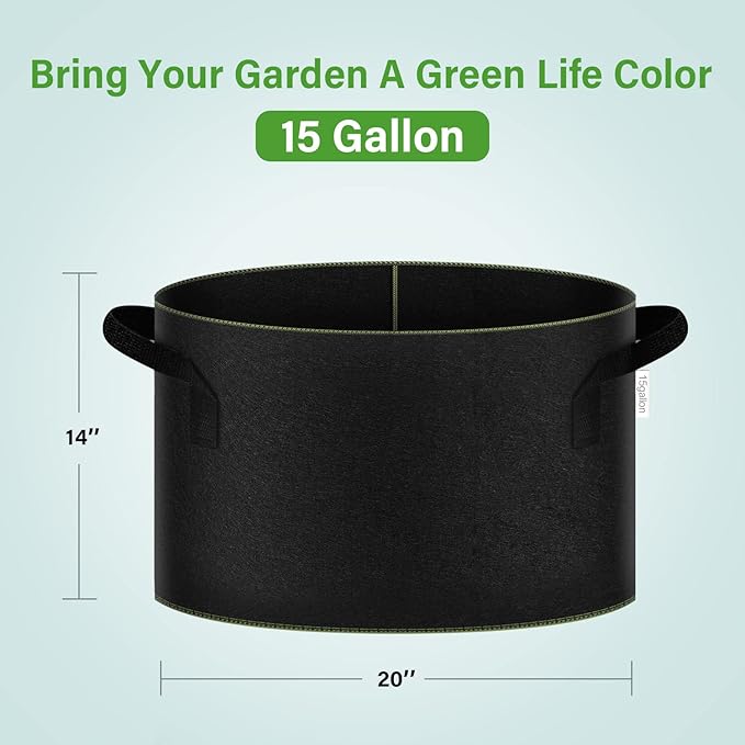 iPower 15-Gallon 5-Pack Grow Bag Thickened Nonwoven Fabric Pots Heavy Duty Aeration Container with Strap Handles for Garden and Planting Vegetable Flowers, Black with Green Stitch Sewing