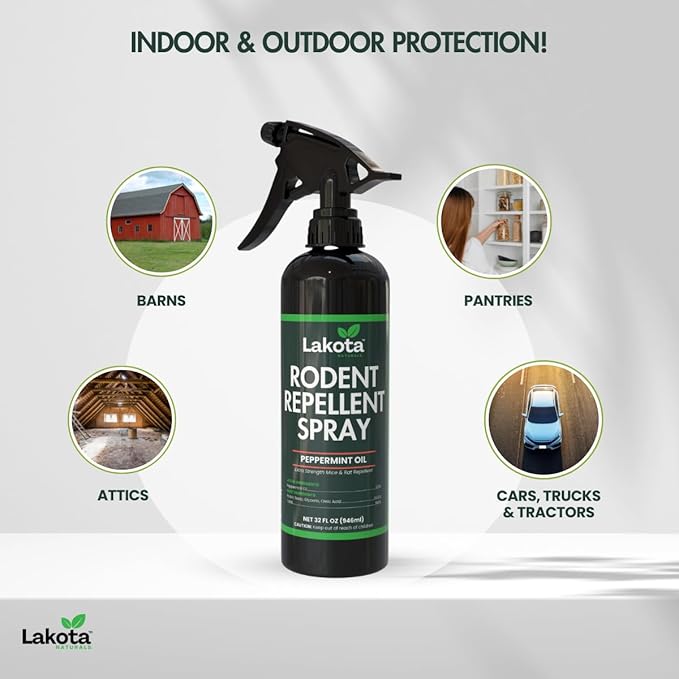 32oz Industrial Strength 5% Peppermint Oil Rodent Repellent Spray for Mice & Rats. Stop Rats and mice from Chewing on car Engine Wires, Tractors, Equipment. Indoor and Outdoor use.