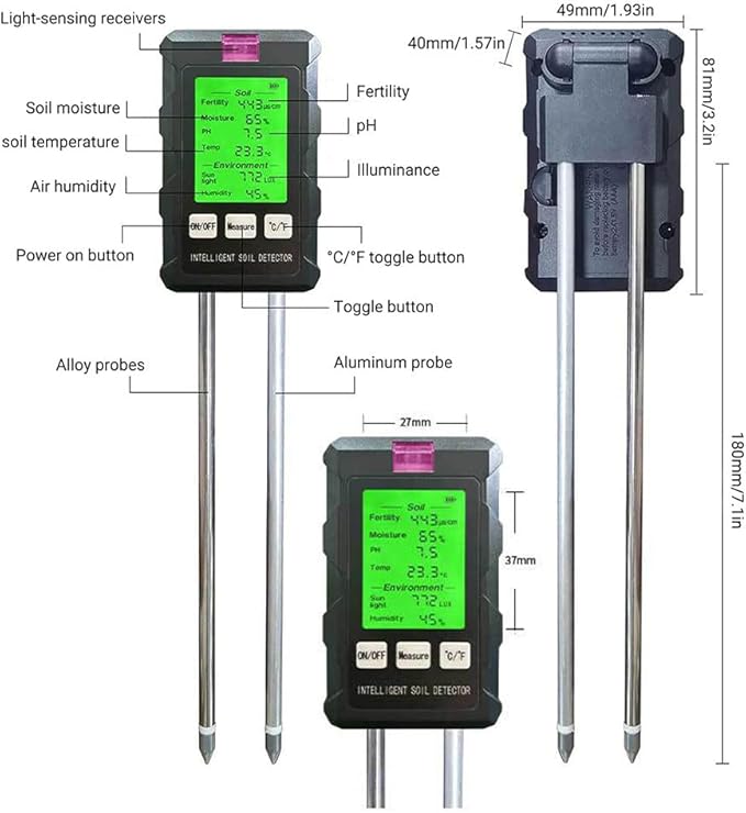 6-in-1 Soil Tester,with Dual Probes, Capable of Measuring Soil Ph, Moisture, Temperature, Fertility, and Light Intensity, Features a Backlit Display,for Home,Gardening,Plant Cultivation
