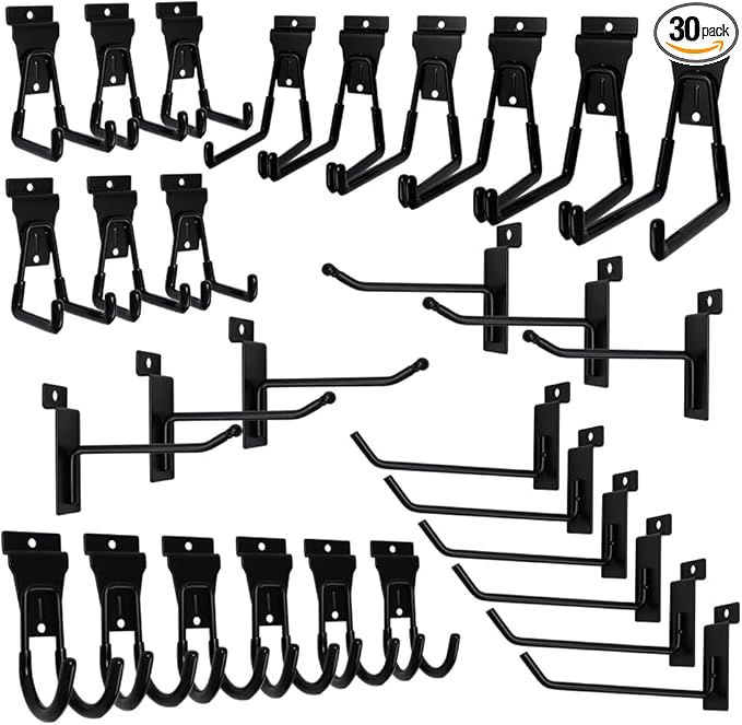 30Pcs Slatwall Hooks Set, Multi Size Garage Hooks Storage Utility Hanging Hooks, Heavy Duty Garage Tool Organizer Slatwall Accessories for Sheds, Basments