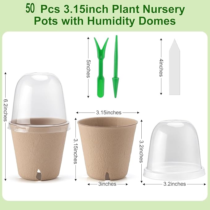 50 Set 3.15 Inch Peat Pots Plant Starters for Seedling with Humidity Dome,Herb Seed Starter Pots Kits, Garden Germination Nursery Pot wit 50 Plant Labels, 2 Transplant Tools.