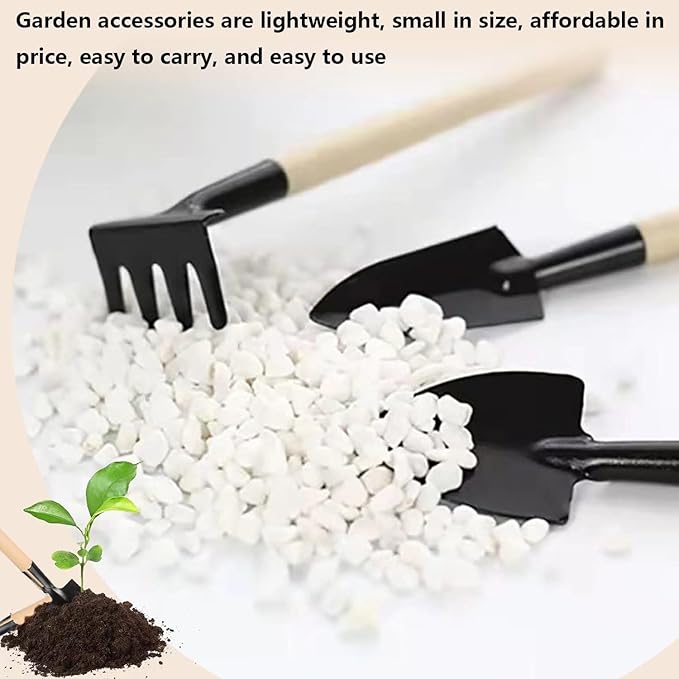 3Pcs Mini Gardening Tool Set with Wooden Handles Includes Small Hand Rake and Spade Ideal for Bonsai and Potted Plants Care