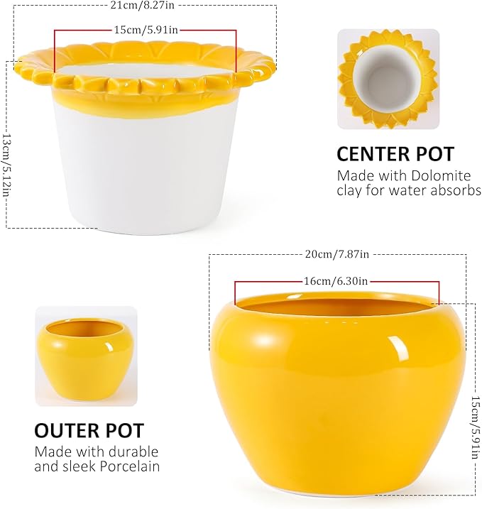8in Self Watering Terracotta Planter - Yellow Ceramic Pot Maintenance Plant Seeder Planter for Indoor Plants African Violet