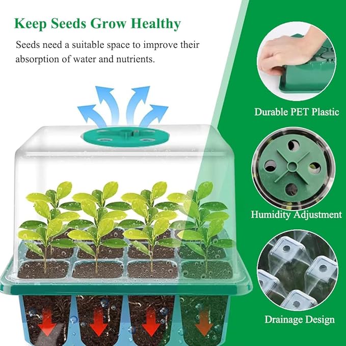 Seed Starter Tray Kit, 3-Pack Plant Growing Trays with Humidity Dome and Base, Labels and Hand Tool Kit for Seed Starting, Germination and Seedling Propagation (12 Cells per Tray)