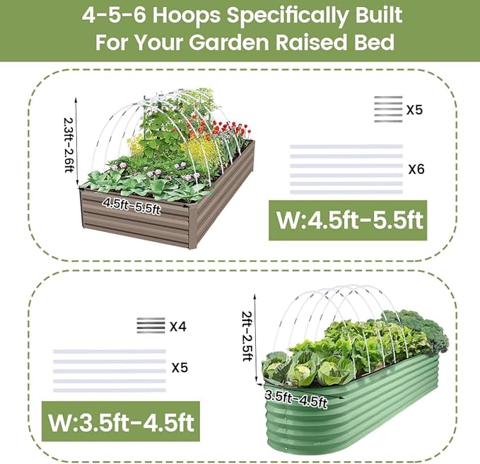 Garden Hoops 60pcs (M Size), Sunwuk Greenhouse Hoops for 2.5-5.5ft Wide Raised Bed, 10 Sets of 8.5ft Long Super Bendable Fiberglass Support Hoops Frame, Mini Greenhouse Strip for Row Cover