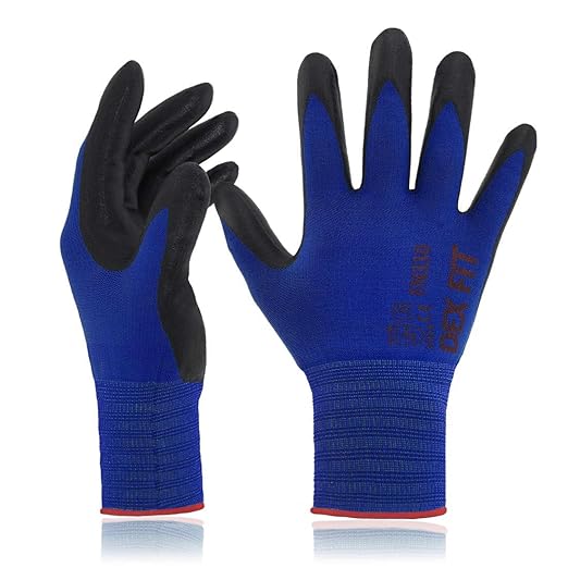 DEX FIT Nitrile Work Gloves FN330, 3D-Comfort Stretchy Fit, Firm Grip, Thin & Lightweight, Touch-Screen Compatible, Durable, Breathable & Cool, Machine Washable; Blue XXL (11) 3 Pairs