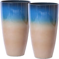 Tall Planters for Outdoor Plants, Heavy-Duty Plastic Lightweight Flower Pots Blue to Khaki Gradient Garden Pots Porch Planters Outdoor Set of 2 Gifts for Plant Lovers