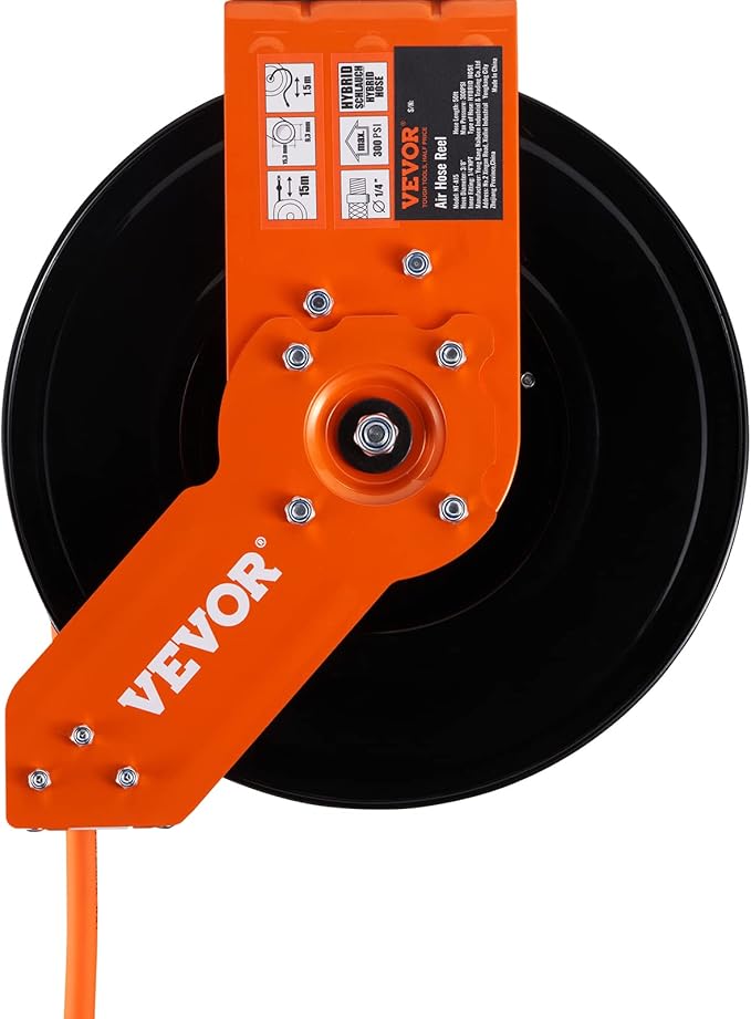 VEVOR Retractable Air Hose Reel, 3/8 IN x 50 FT Hybrid Air Hose Max 300PSI, Air Compressor Hose Reel with 5 ft Lead in, Ceiling/Wall Mount Heavy Duty Single Arm Steel Reel