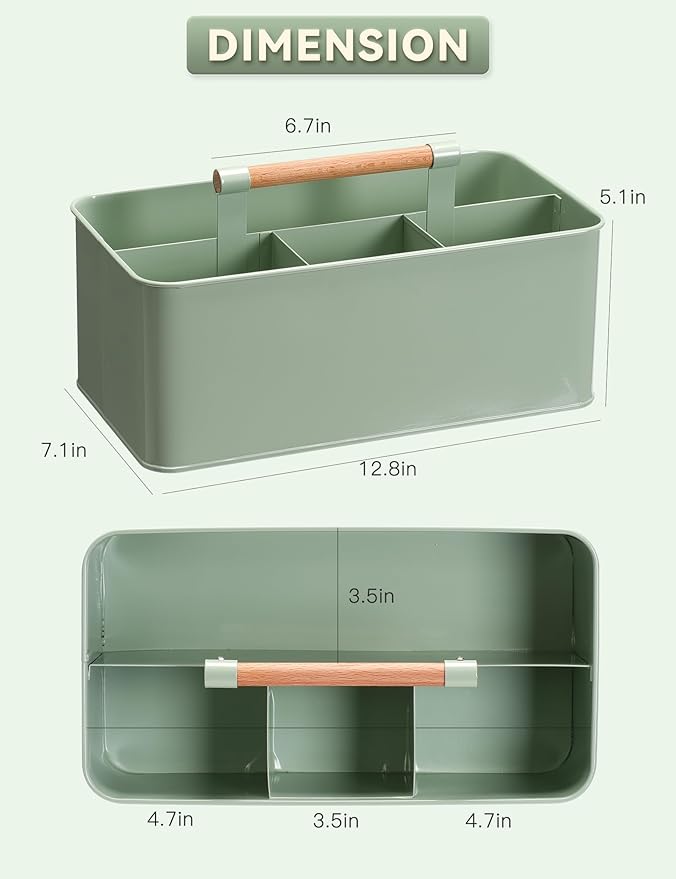 Garden Tool Organizer with Wooden Handle, Metal Garden Caddy with 4 Compartments, Gardening Tool Basket Cleaning Organizer Caddy for Indoor & Outdoor