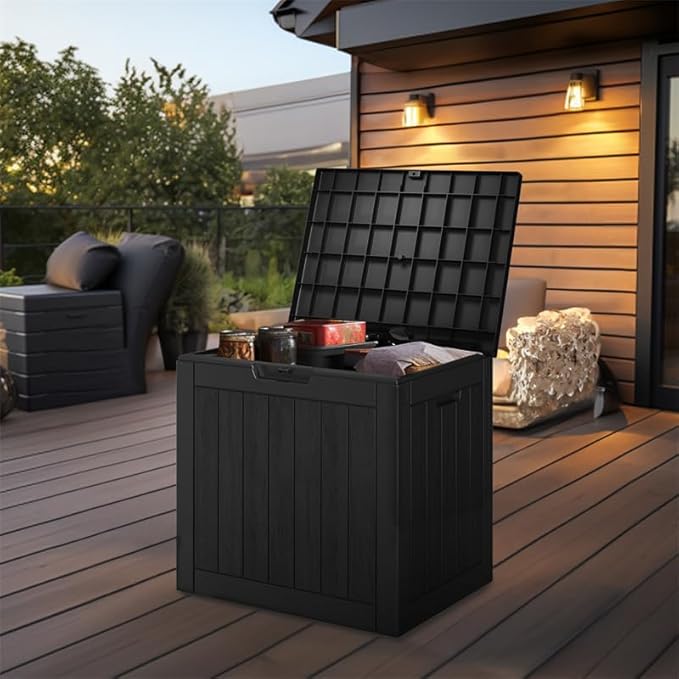 Waterproof Outdoor Storage Box, 30 Gallon Lockable Deck Box, UV-Resistant Outside Storage Bin With Hydraulic Lid For Patio Furniture, Cushion Organizer, Garden Tools, Pool Accessories, Black