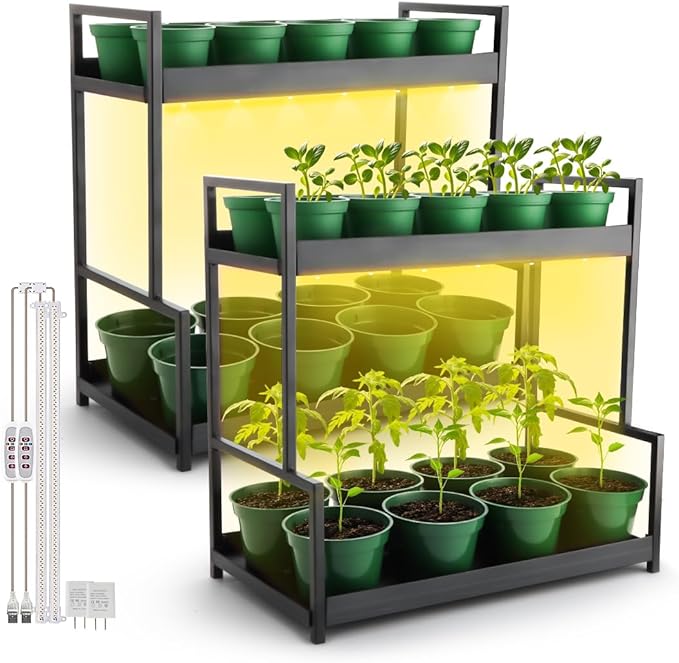 RooTrimmer 2-Pack Dual Tier Plant Stand with Grow Light and Green Plastic Nursery Pots for Plants, Indoor Gardening Kit for Herbs, Succulents, Seedlings & Small Plants Gardening Gifts