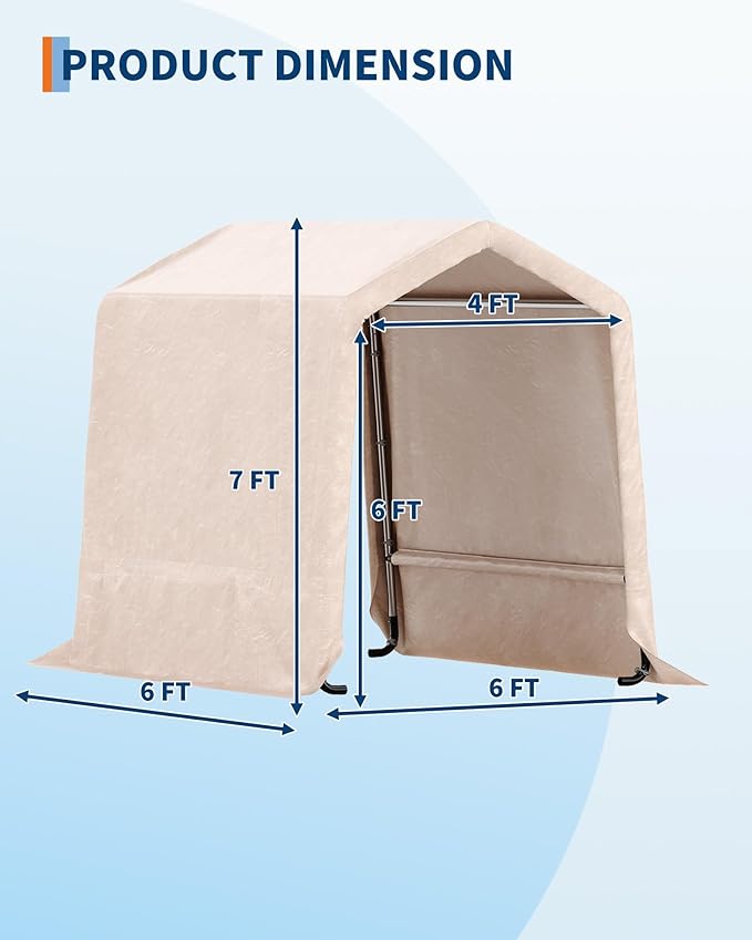 GarveeLife Outdoor Portable Storage Shed with Roll-Up Door & Vent, 240G Heavy-Duty Shelter Waterproof PE Tarp, UV-Resistant Storage Sheds for Motorcycle, Firewood, Garden and Tools (Khaki, 6'x6')