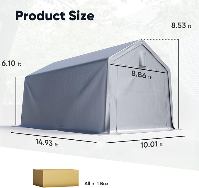 Quictent 10x15FT Carport Shelter Large Storage Shed with Roll-Up Mesh Windows, Heavy Duty Portable Garage for Small Car, Boat, RV Gear Waterproof Storage Tent with Reinforced Frame, Sliver Gray