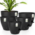 QRRICA Plant Pots 10/9/8/7.5/7 Inch Self Watering Pots, with Drainage Holes and Saucers,Water Level Indicator & Deep Reservoir,Large Plastic Planter for Indoor Out Door Plants (Pure Black)