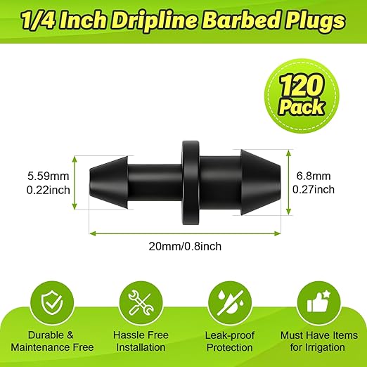 120 Pack 1/4" Drip Irrigation End Plug Fittings：1/4'' Drip Barbed End Cap Connectors for 1/4 Inch Irrigation Tubing Goof Plugs for Garden Drip Line Systems