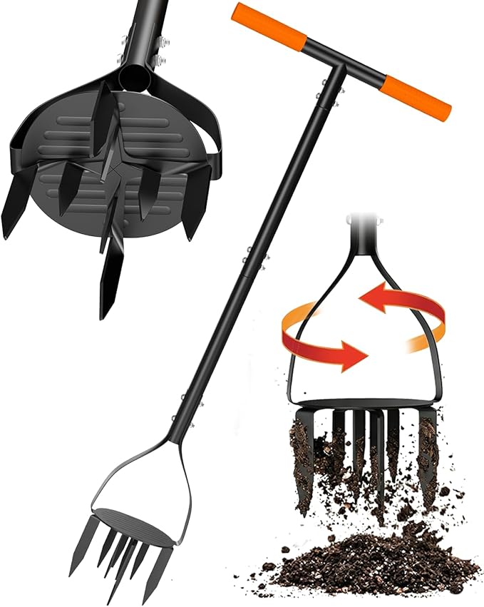 Luvenia Hand Tiller Cultivator with 5.1 Inch Deep 8 Steel Teeth, Manual Soil Tiller Garden Tool 40 Inch with Anti-Slip Pedal，Garden Claw for Weeding, Planting Aerating, Mixing Soil