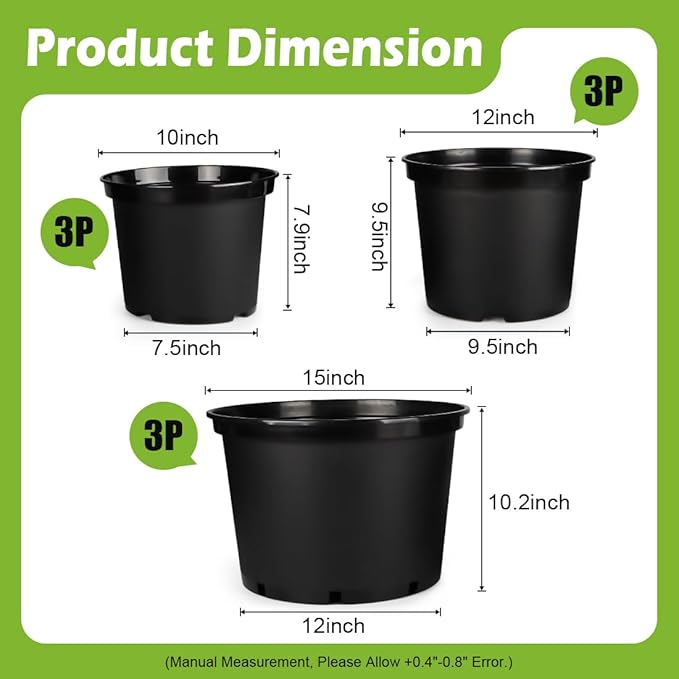 RooTrimmer 3/5/7 Gallon Nursery Pots 9 Pack Set, Plastic Planter with Drainage Holes – Round, Sturdy, Deep Design for Indoor/Outdoor Plants