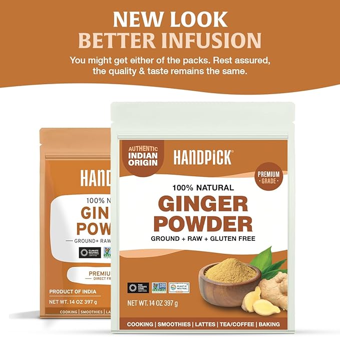 HANDPICK Ginger Powder (14oz/397g) No Additives, No Preservatives, No Fillers | Ginger Root Powder from India | Raw, Gluten Free, Non GMO | Perfect for Cooking, Baking | Resealable Zip Lock Pouch