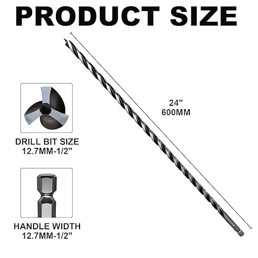 1/2"×24" Professional Auger Drill Bit for Wood with Quick Change 1/2" Hex Shank- 3-Cutter Design with Dual-Flute for Fast Chip Removal, Fits Hardwood, Softwood, PVC, Drywall & Tree Stumps