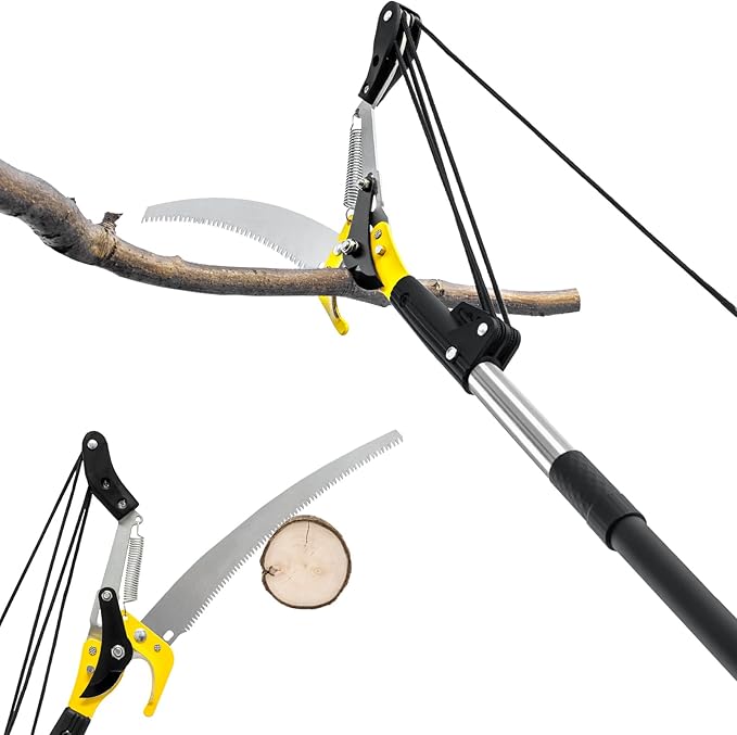 10.5FT Pole Saw for Tree Trimming, 2-In-1 Manual Tree Pruner with Saw, Extendable Long Handle Pole Tree Trimmer, High Reach Limbs Branch Cutter and Pruning Shears for Yard Garden Palm Shrubs