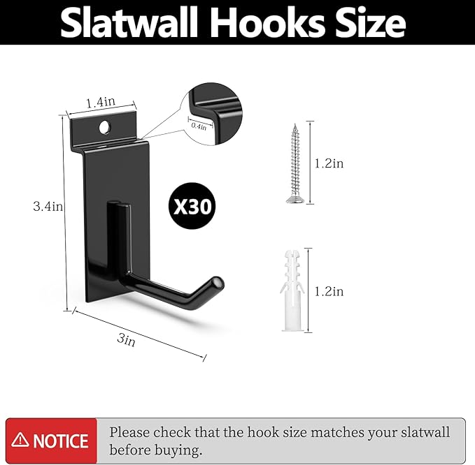 3-H Slatwall Hooks 30PC, 5 Inch, Extra Large Thick Backplate(3.35×1.38 x 0.08 Steel), Heavy Duty Smooth Glide, Compatible with Proslat, Crownwall &Standard Slatwall Panels for Garage, Retail Display