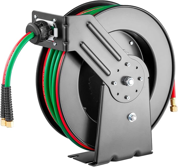 VEVOR Retractable Welding Hose Reel, 1/4-Inch x 50FT Twin Oxygen Acetylene Rubber Hose Max 300PSI - R Grade, Ceiling/Wall Mount Heavy Duty Steel Hose Reel Auto-Rewind, Ideal for Workshops Garages