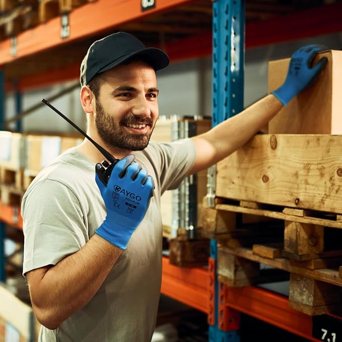 KAYGO Work Gloves for Men and Women, 12 Pairs Seamless Knit PU Coated Safety Gloves, with Smooth Grip on Palm and Fingers, Ideal for Light Warehouse, Manufacturing, Gardening, KG11P (M, Blue)