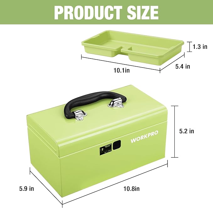 WORKPRO 10.8" Portable Mini Metal Tool Box with Removable Color-Matching Tray, One-Button Latch Toolbox, Steel Tool Chest with PP Handle, Compact Storage Organizer for Home, Office or Workshop