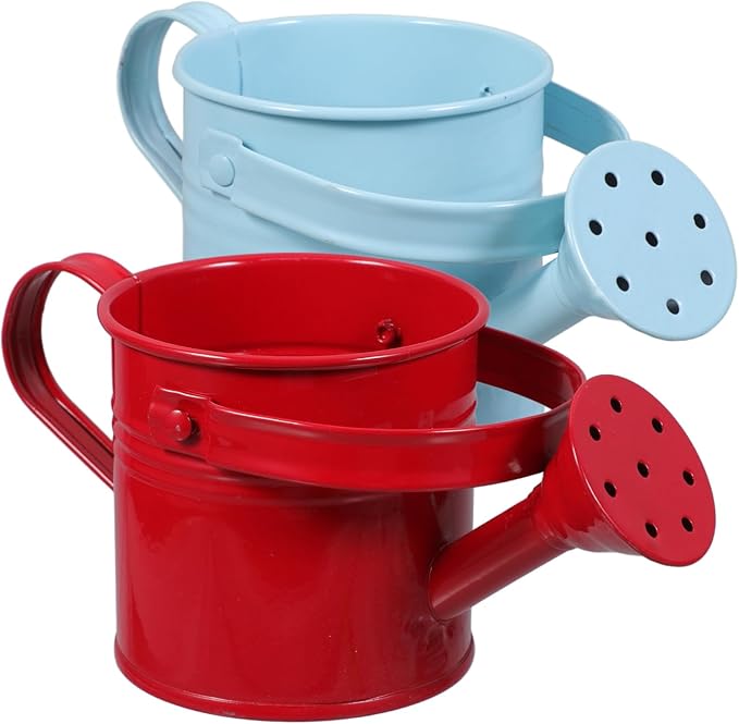 SEWACC 2pcs Kids Metal Watering Can for Indoor Plants, Durable Iron Sprinkling Kettle, Portable Small Water Can for Garden Home Plants, Red and Light Blue, 6.69 x 2.75 x 2.75 Inch