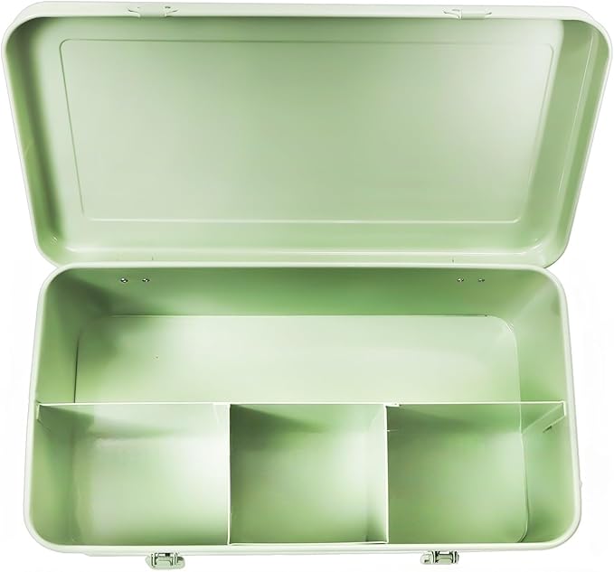 Seed Storage Organizer Box with 4 Compartments, Large Metal Seed Packet Container with Lid & Safety Locks, Garden Seed Bin for Saving Seeds with 50 Plant Labels, 20 Envelopes