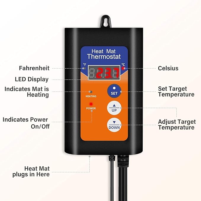 iPower 40-108 Degrees Fahrenheit Digital Heat Mat Thermostat Controller and 10" x 20" Hydroponic Seeding Warm Pad Plant Starting Kit Combo